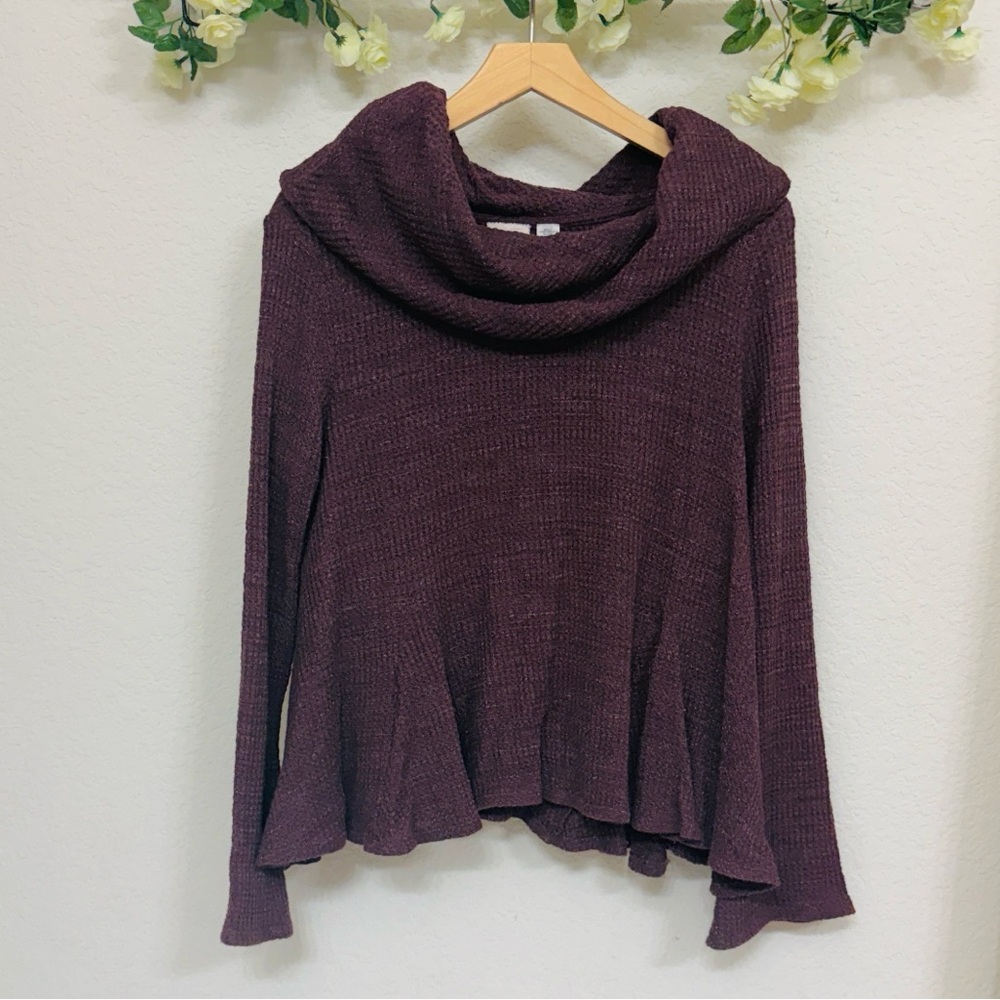 Anthropologie • Plum Purple Cowl Neck Waffle Knit Flowy Sweater